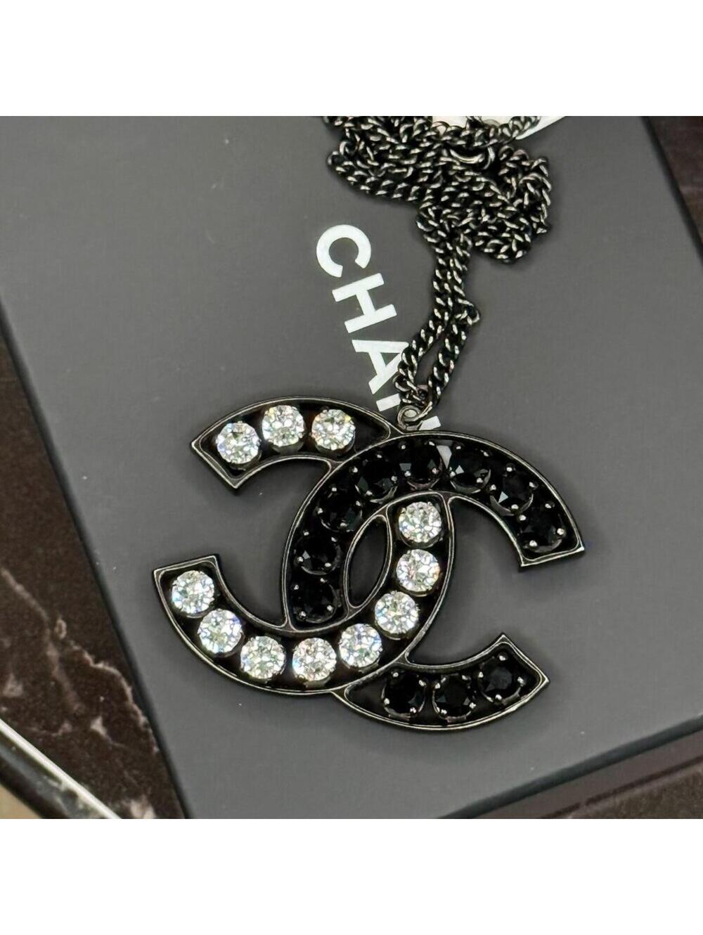 *AUTHENTIC* CHANEL - XL Logo Pendant, Black/White Crystal
